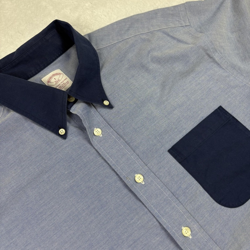 Brooks Brothers Shirt Mens L Blue Chambray Short Sleeve Button-Up Relaxed Fit